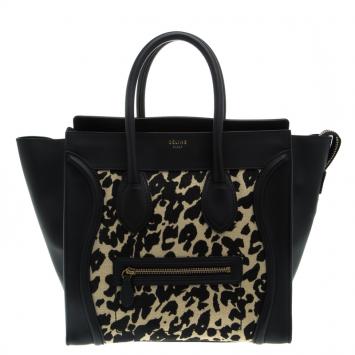 Pre Owned Celine Black Leopard Print Canvas and Leather Mini Luggage Tote