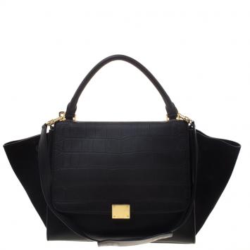 Pre Owned Celine Black Croc Embossed Leather and Suede Medium Trapeze Tote