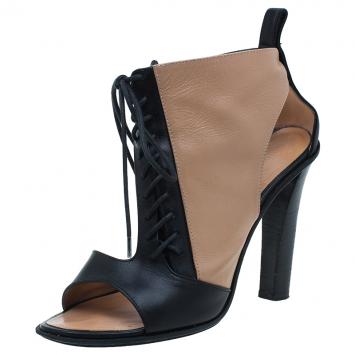 Pre Owned Celine Black and Beige Leather Lace Up Peep Toe Ankle Booties Size 37