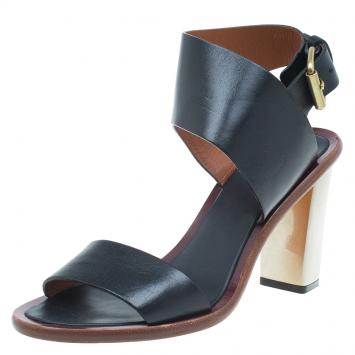 Pre Owned Celine Black Leather Ankle Strap Metal Heel Sandals Size 38