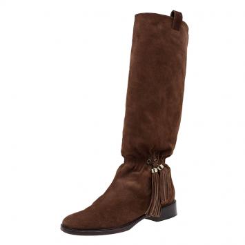 Pre Owned Celine Brown Suede Tassel Knee Boots Size 36.5