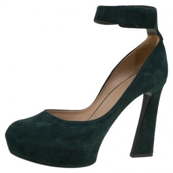 Pre Owned Celine Green Suede Ankle Strap Block Heel Pumps Size 40.5