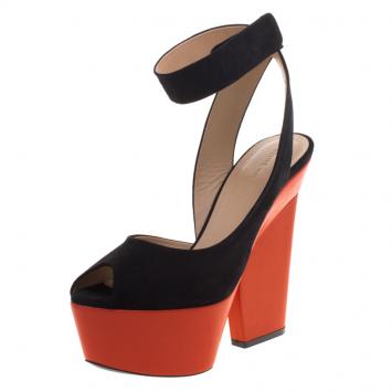 Pre Owned Celine Two Tone Suede Ankle Twist Slingback Platform Sandals Size 38