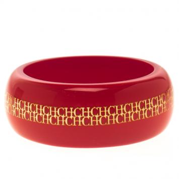 Pre Owned CH Carolina Herrera Red Resin Gold Tone Metal Wide Bangle Bracelet 20cm