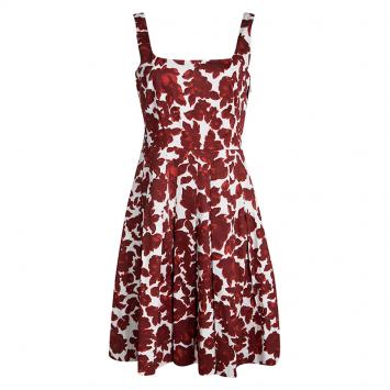 Pre Owned CH Carolina Herrera Red Floral Printed Pleat Detail Sleeveless Dress M