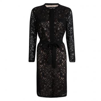 Pre Owned CH Carolina Herrera Black Floral Lace Belted Long Sleeve Dress S