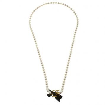 Pre Owned Carolina Herrera Faux Pearl Gold Tone CH Logo Long Necklace