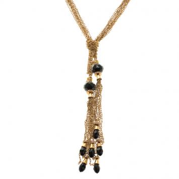 Pre Owned CH Carolina Black Crystals Gold Tone Multi Chain Lariat Necklace