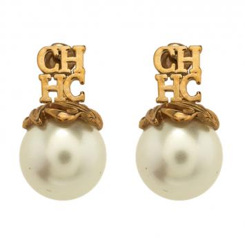 Pre Owned CH Carolina Herrera Logo Faux Pearl Gold Tone Stud Earrings
