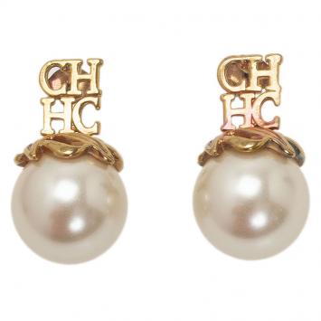 Pre Owned Carolina Herrera CH Faux Pearl Gold Tone Earrings