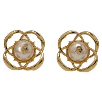 Pre Owned Carolina Herrera CH Faux Pearl Gold Tone Stud Earrings