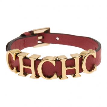 Pre Owned Carolina Herrera CH Logo Red Leather Gold Tone Bracelet