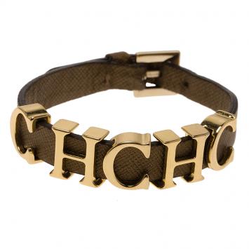 Pre Owned CH Carolina Herrera Logo Brown Leather Gold Tone Bracelet