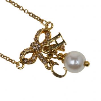 Pre Owned Ch Carolina Herrera Ribbon Drop Crystal Faux Pearl Gold Tone Necklace