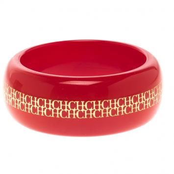Pre Owned CH Carolina Herrera Red Resin Gold Tone Wide Bangle Bracelet 20cm