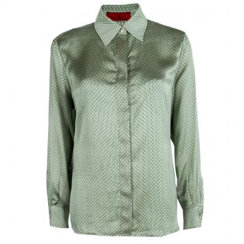 Pre Owned CH Carolina Herrera Green Logo Printed Silk Long Sleeve Button Front Shirt XL