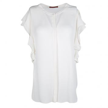 Pre Owned CH Carolina Herrera Cream Silk Ruffle Detail Blouse L
