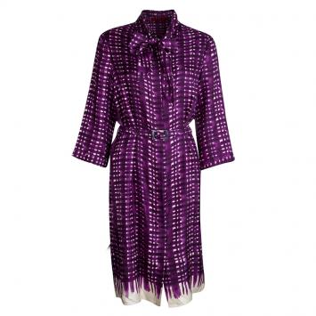 Pre Owned CH Carolina Herrera Purple Printed Silk Neck Tie Detail Belted Dress M