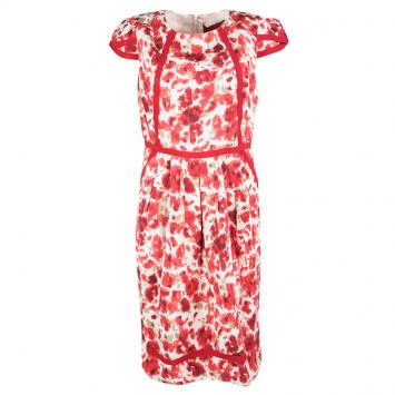 Pre Owned CH Carolina Herrera Red and White Floral Printed Cap Sleeve Dress L