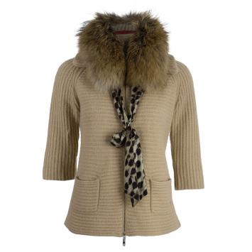 مملوكة مسبقًا CH Carolina Herrera Beige Wool Fox Fur Cardigan XS