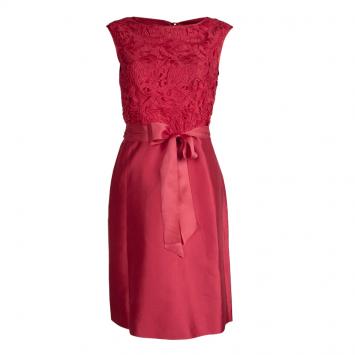 Pre Owned CH Carolina Herrera Red Lace Belted Sleeveless Dress S