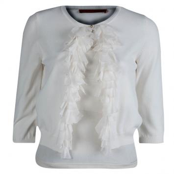 Pre Owned CH Carolina Herrera Off-White Knit Ruffle Detail Cropped Cardigan XS