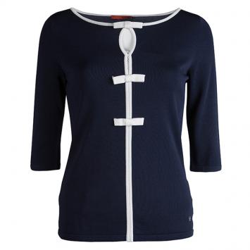 Pre Owned CH Carolina Herrera Navy Blue Knit Bow Detail  Top S