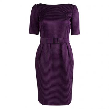 Pre Owned CH Carolina Herrera Purple Textured Buckle Detail Short Sleeve Dress S