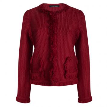 Pre Owned CH Carolina Herrera Red Wool Fringe Detail Cardigan M
