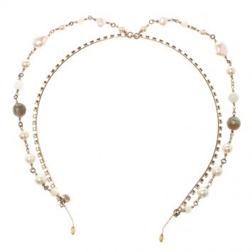 Pre Owned Chanel Faux Pearl & Bead Embellished Gold Tone Head Band 