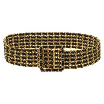 Pre Owned Chanel Black Leather and Gold Triple Chain Buckle Belt