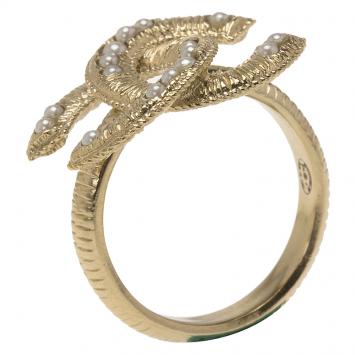 Pre Owned Chanel CC Faux Pearl Gold Tone Ring Size 53