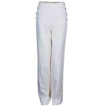 Pre Owned Chanel Off-white Linen Wide Leg Trousers M