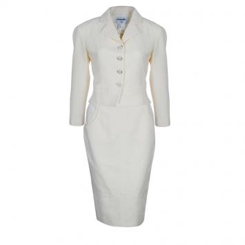 Pre Owned Chanel Off-white Tweed Skirt Suit M