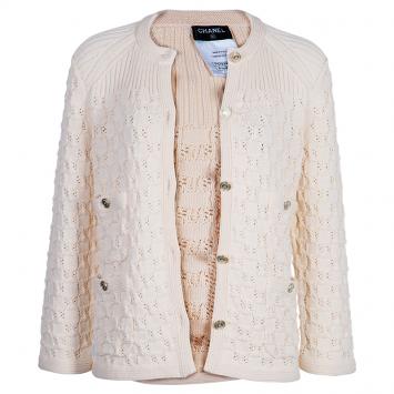 Pre Owned Chanel Offwhite Embroidered Cardigan M