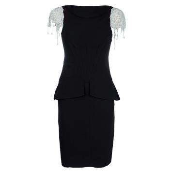 Pre Owned Chanel Black Lace Sleeve Detail Boat Neck Peplum Dress S