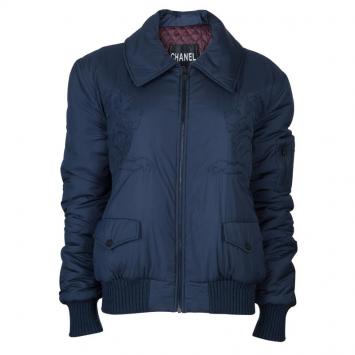 Pre Owned Chanel Navy Blue Quilted Bomber Jacket L