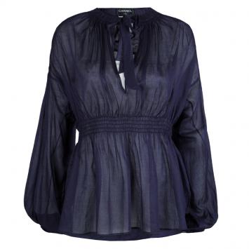 Pre Owned Chanel Navy Blue Cotton Smocked Waist Long Sleeve Sheer Blouse L