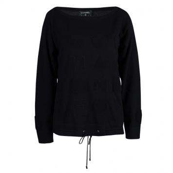 Pre Owned Chanel Black Cashmere Chenille Embroidered Drawstring Detail Sweater M