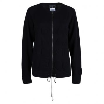 Pre Owned Chanel Black Cashmere Chenille Embroidered Zip Front Cardigan L