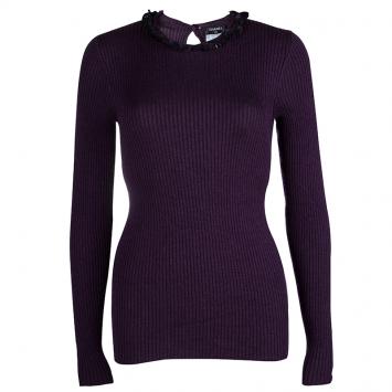 Pre Owned Chanel Purple Ribbed Knit Embellished Neckline Detail Sweater M