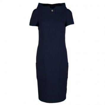Pre Owned Chanel Navy Blue High Collar Textured Wool Dress M