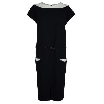Pre Owned Chanel Monochrome Drawstring Waist Detail Wool Dress L