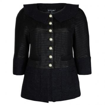 Pre Owned Chanel Black Textured Pearl Button Jacket  L