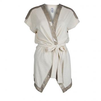 Pre Owned Chanel Beige Terrycloth Vinyl Panel Detail Belted Robe M