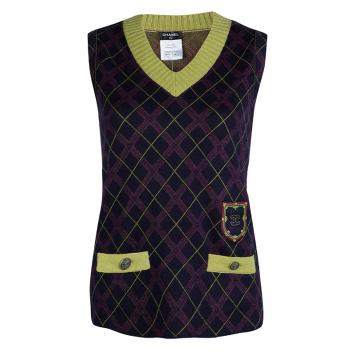 Pre Owned Chanel Purple Argyle Pattern Sleeveless Sweater M