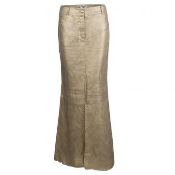 Pre Owned Chanel Gold Metallic Coated Linen Fringe Bottom Maxi Skirt M