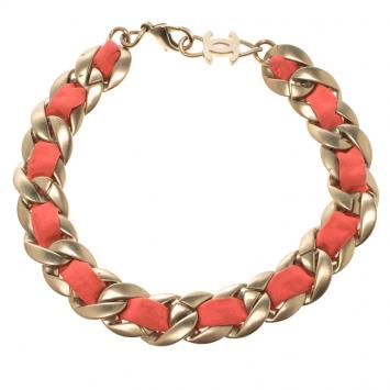 Pre Owned Chanel Pink Fabric Gold Tone Chain Link Choker Necklace