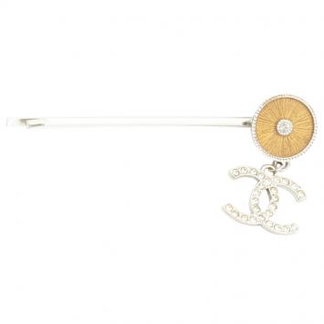 Pre Owned Chanel Silver-tone CC Crystal Embellished Hair Pin
