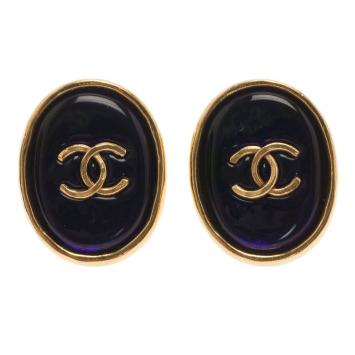 Pre Owned Chanel Vintage CC Blue Gold Tone Clip On Earrings